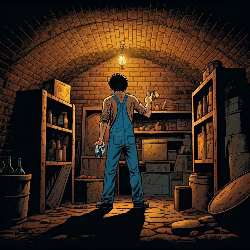 Cellar Cleaning in Film Noir Comic Style