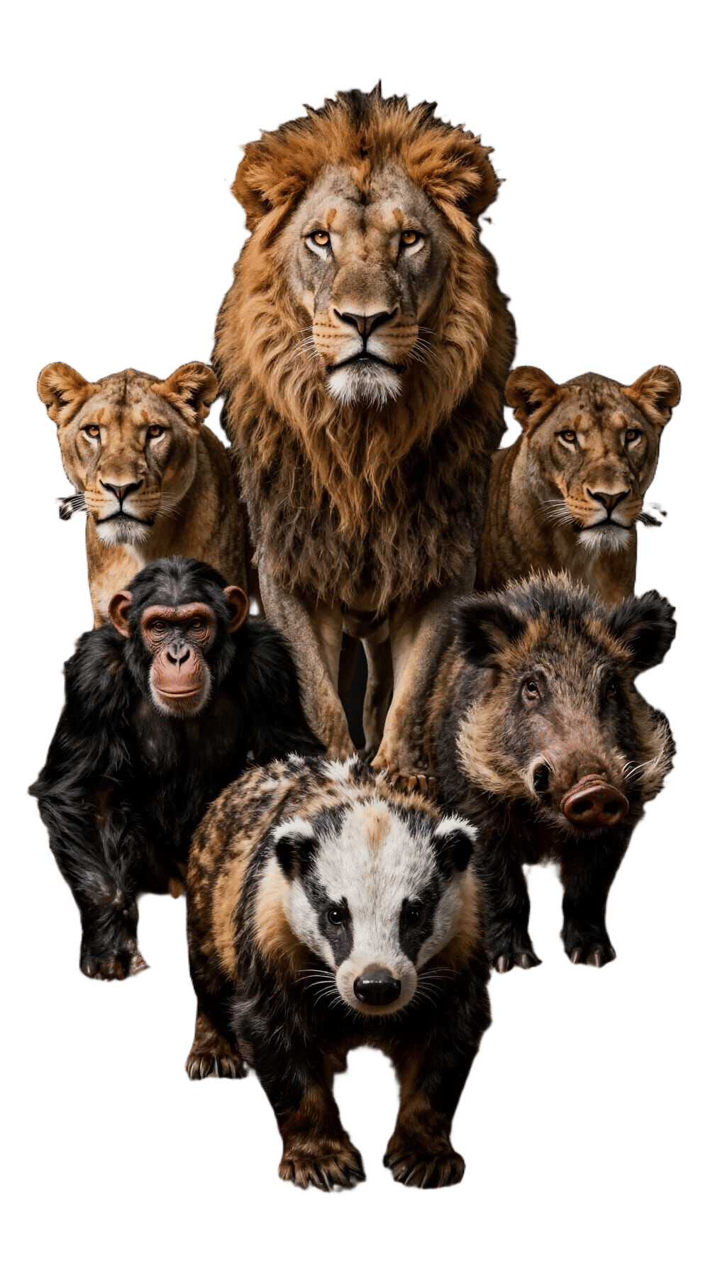 Epic Lion, Lionesses, Badger, Chimp & Boar in Dark Forest
