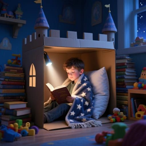 Boy Reading in Cardboard Castle, Hyperdetailed
