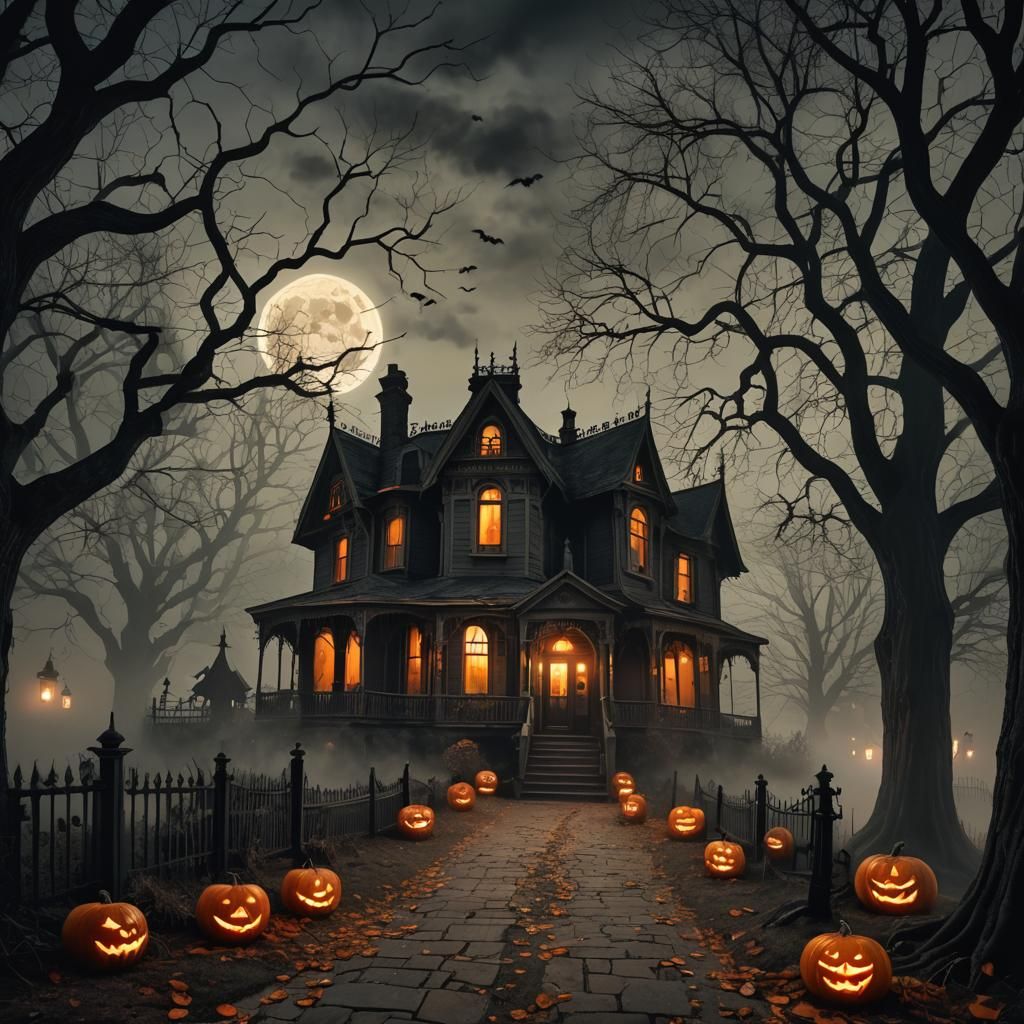 Haunted Victorian House on Halloween Night