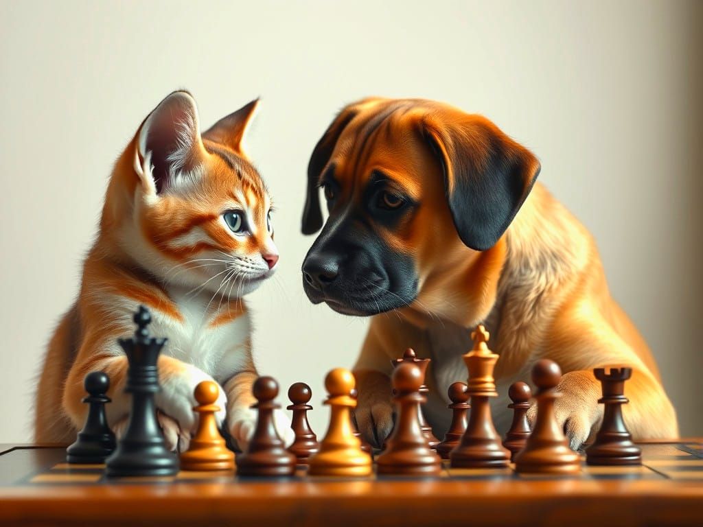 Photorealistic Cat and Dog Play Chess Together