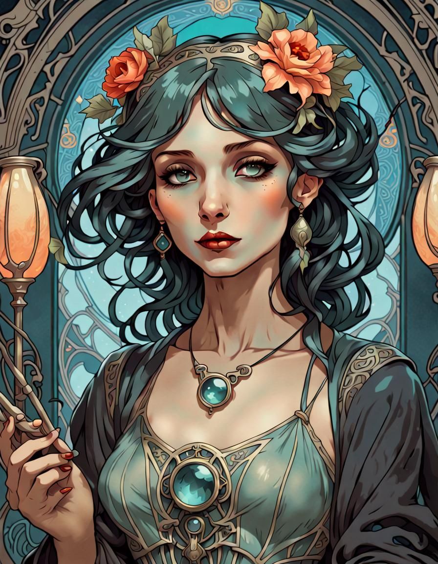Female Necromancer in Art Nouveau Style