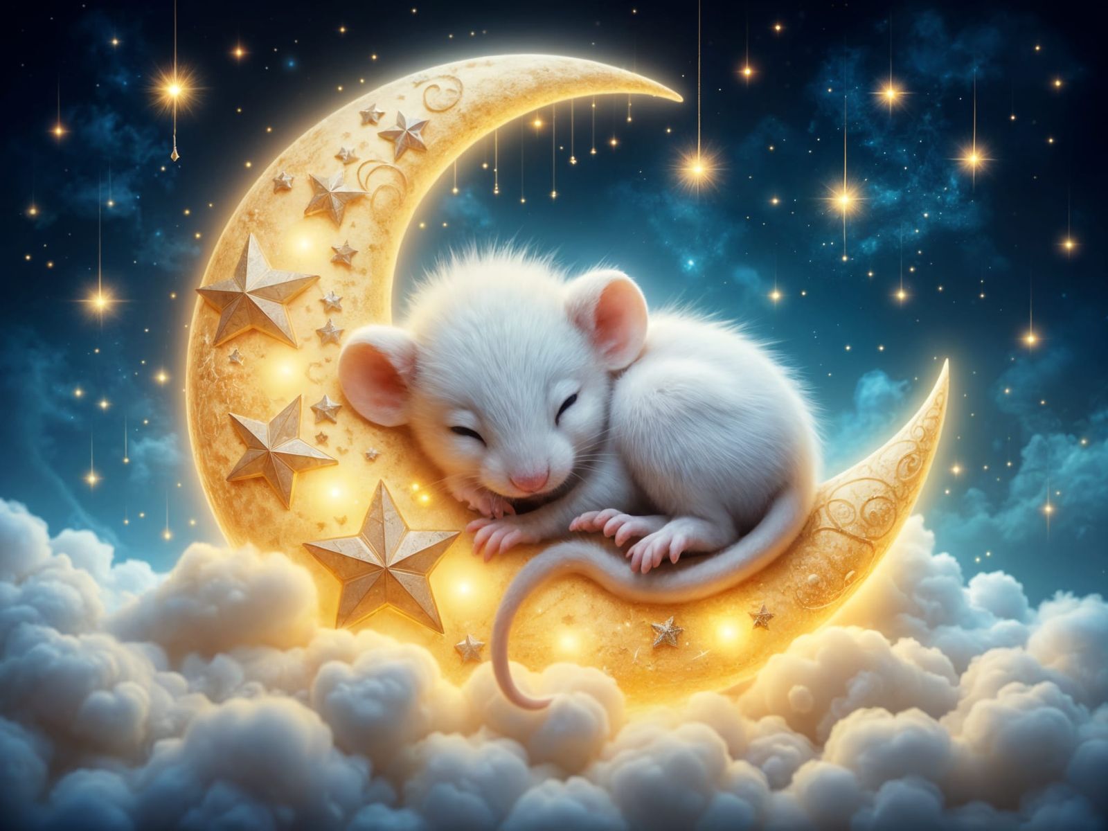 Tiny Mouse Sleeps on Glowing Moon with Star-Puffs