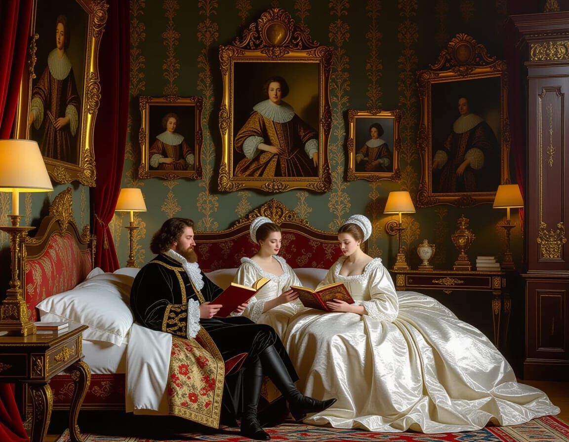 Louis XIV Bedroom with Reading Couple in Baroque Style