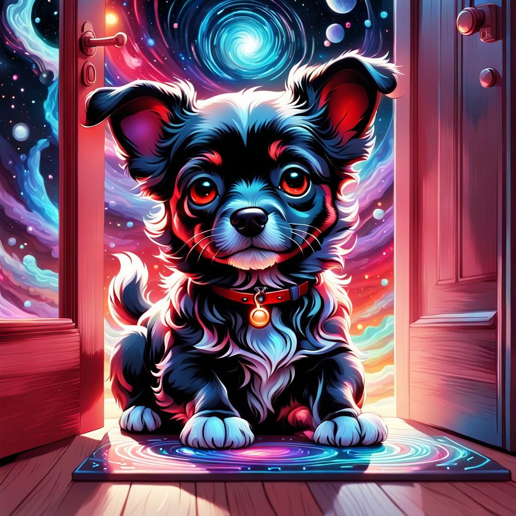 " super cute little black and white red dog chibi lies near ...