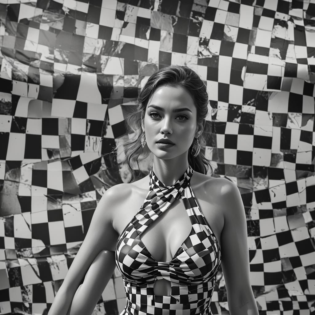 Checkered Swimsuit Woman in Detailed Fantasy Art