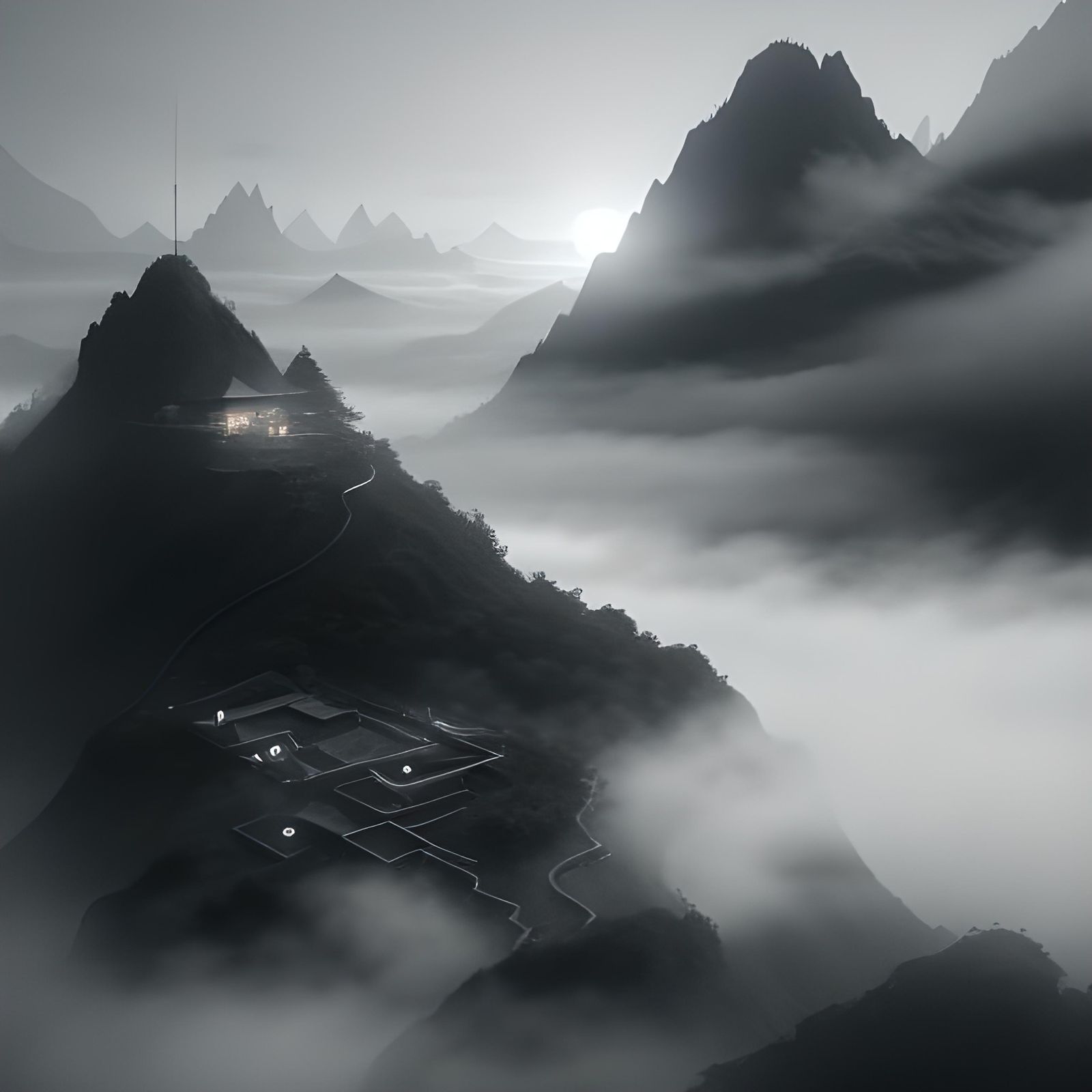 Monochrome Japanese Landscape in 3D Style