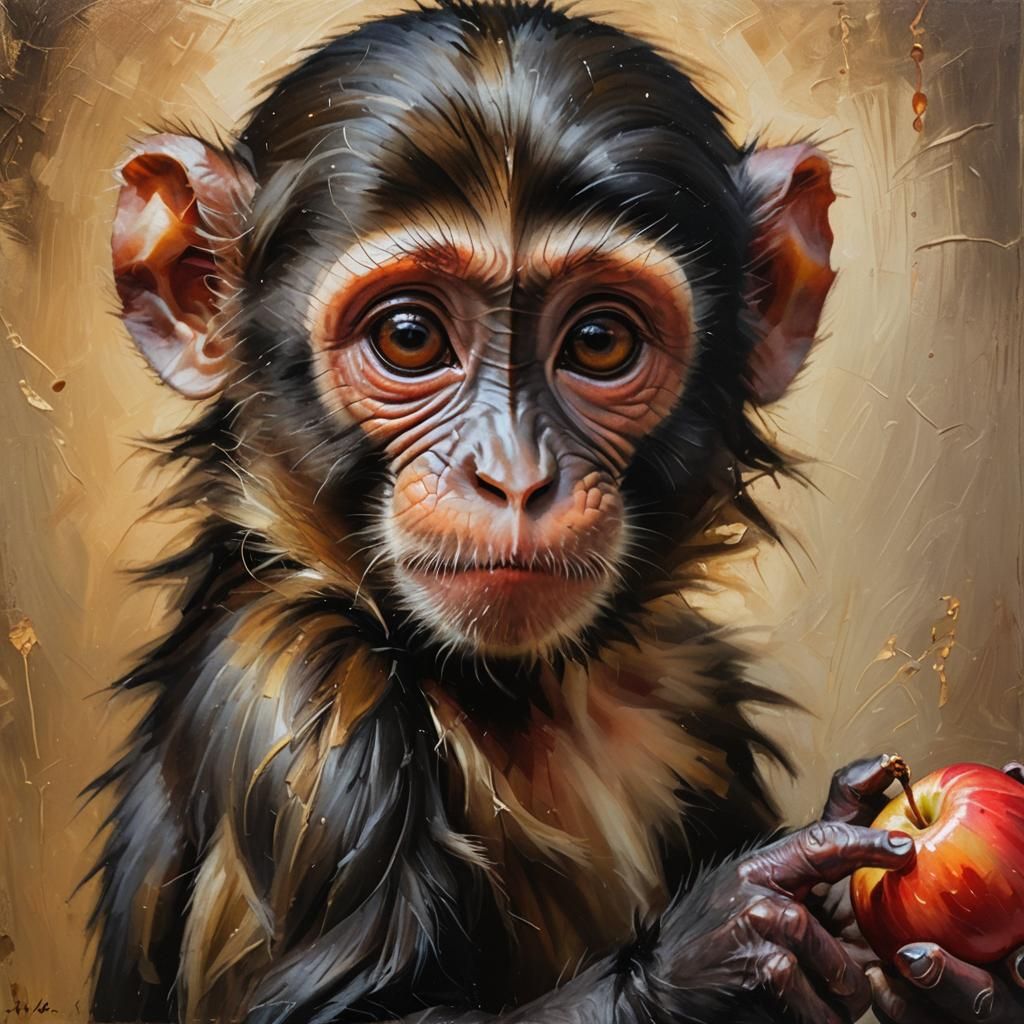Baby Monkey with Apple in Impressionistic Oil Painting