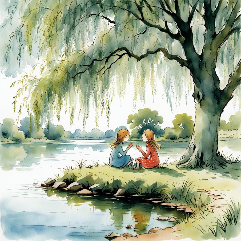 Girls Sharing Secrets by Lakeside Willow Tree