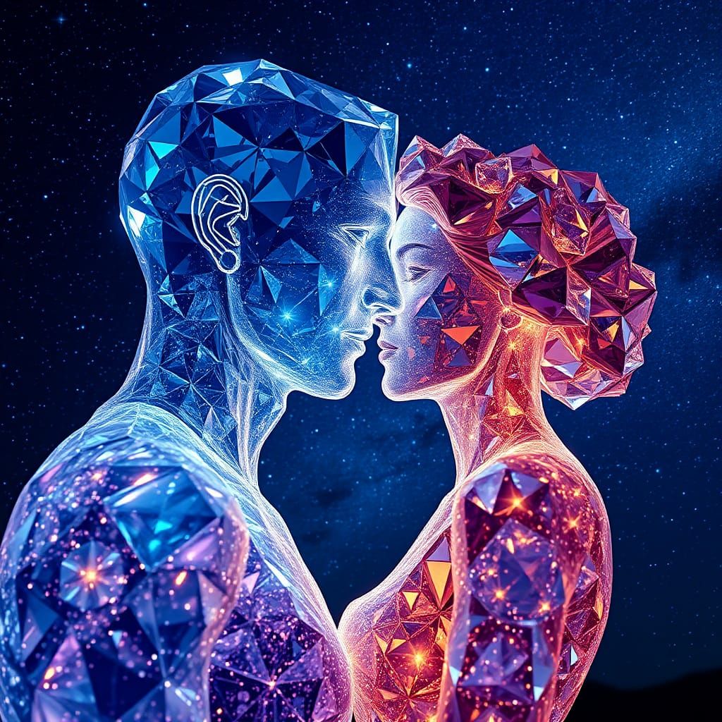 Diamond Figures Merge Under Starry Art Nouveau Sky