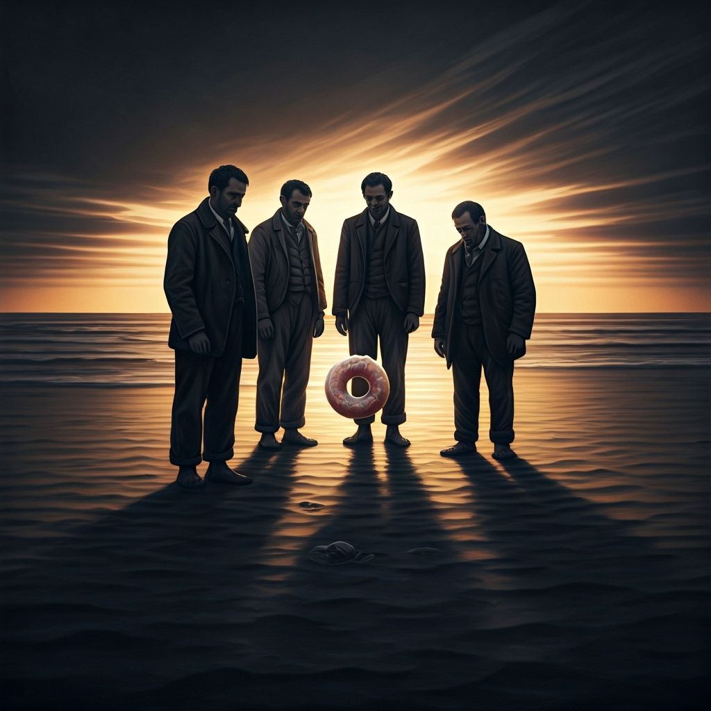 Men Worship Plastic Doughnut on Beach in Charcoal Drawing St...