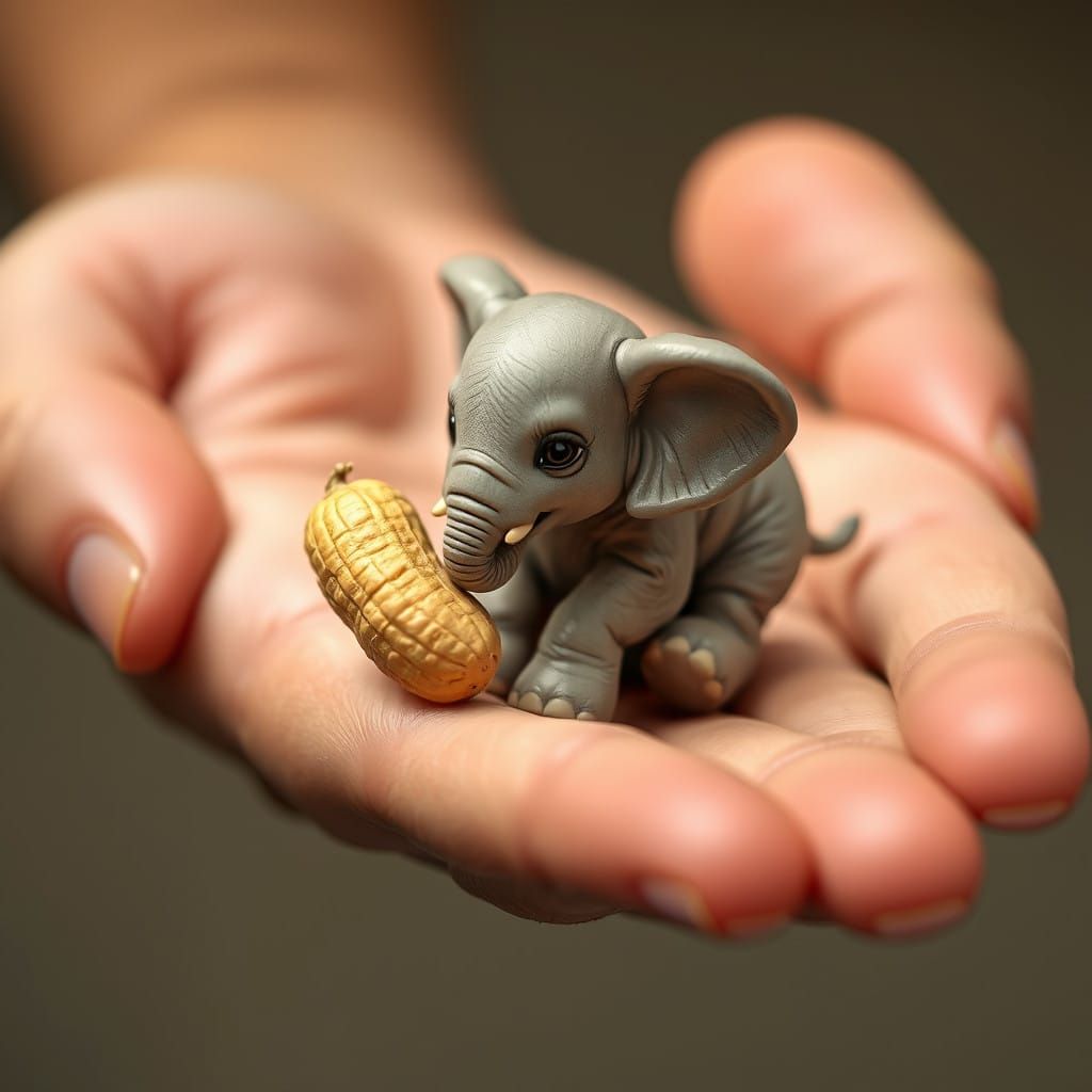 Miniature Baby Elephant Guards Giant Peanut in Human Hand