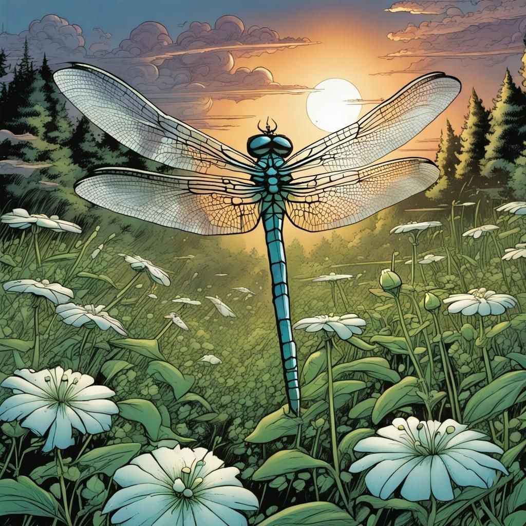 Dragonfly over Chickweed in Comic Book Style