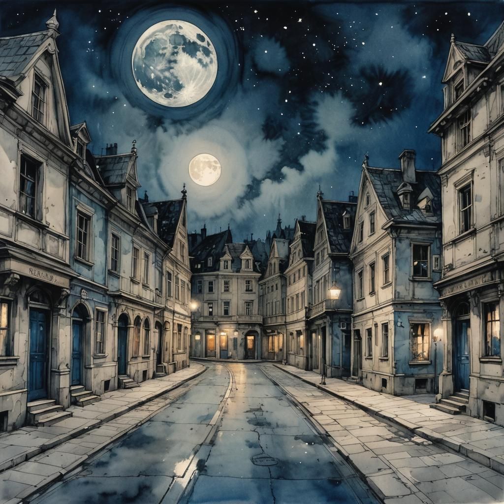 Vienna Street at Night in Ink Painting Style