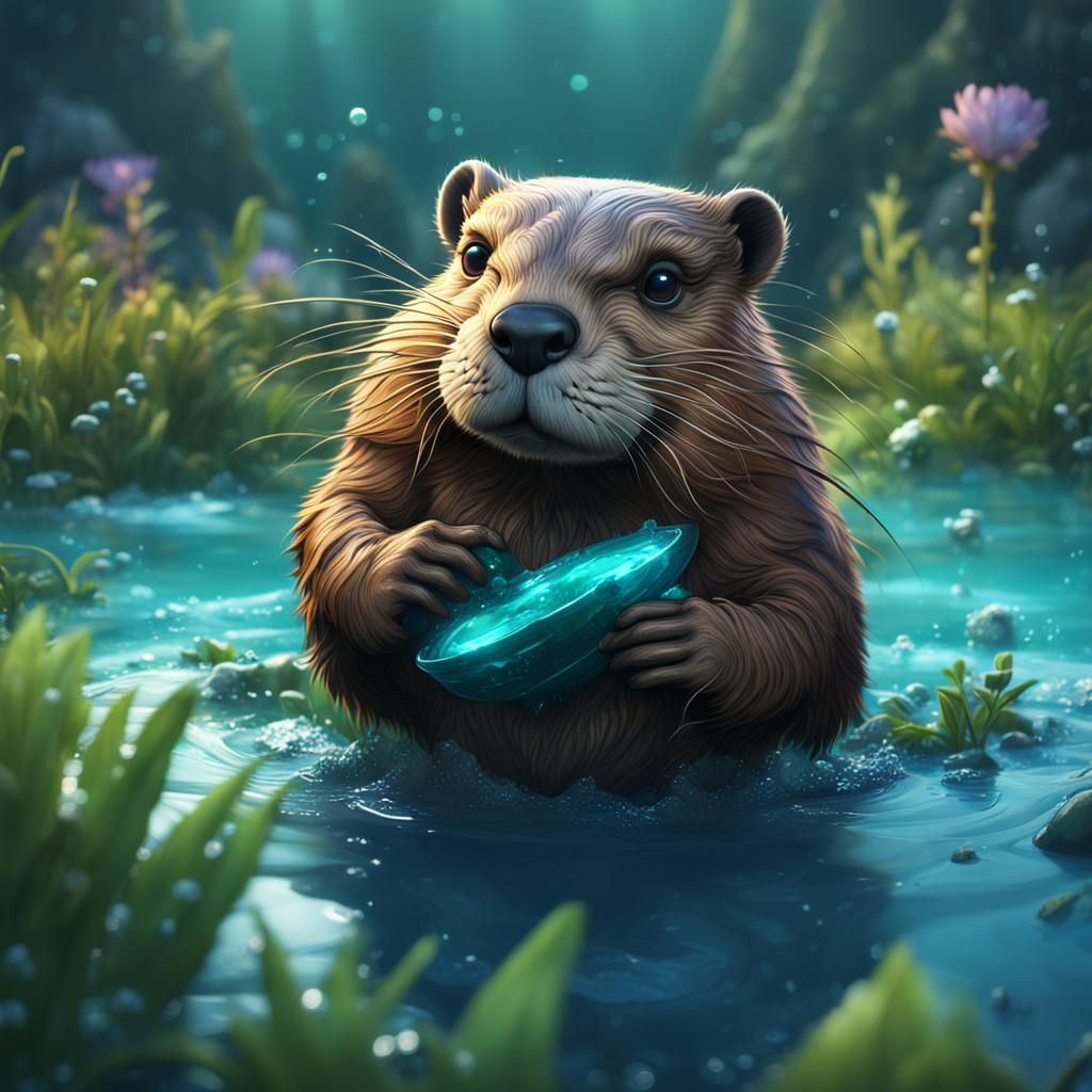 Cute Beaver in Blue-Green Water: Fantasy Concept Art