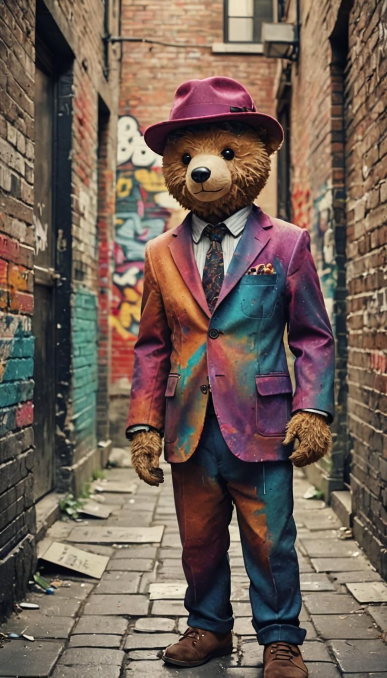 Hipster Teddy Bear in Vintage Alleyway, Dye-Transfer Style