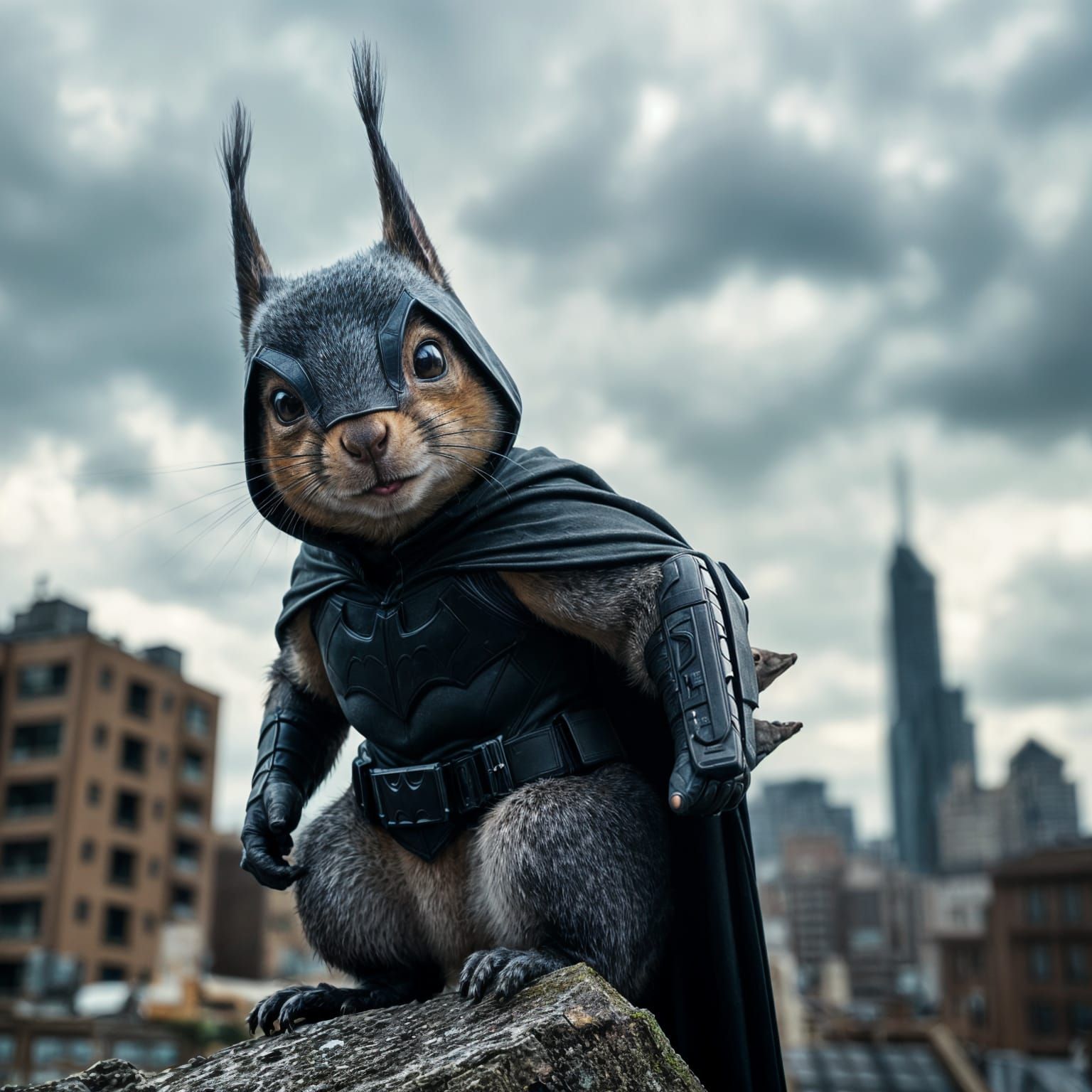 Batman Squirrel Hero in Ruined City, Hyperrealistic
