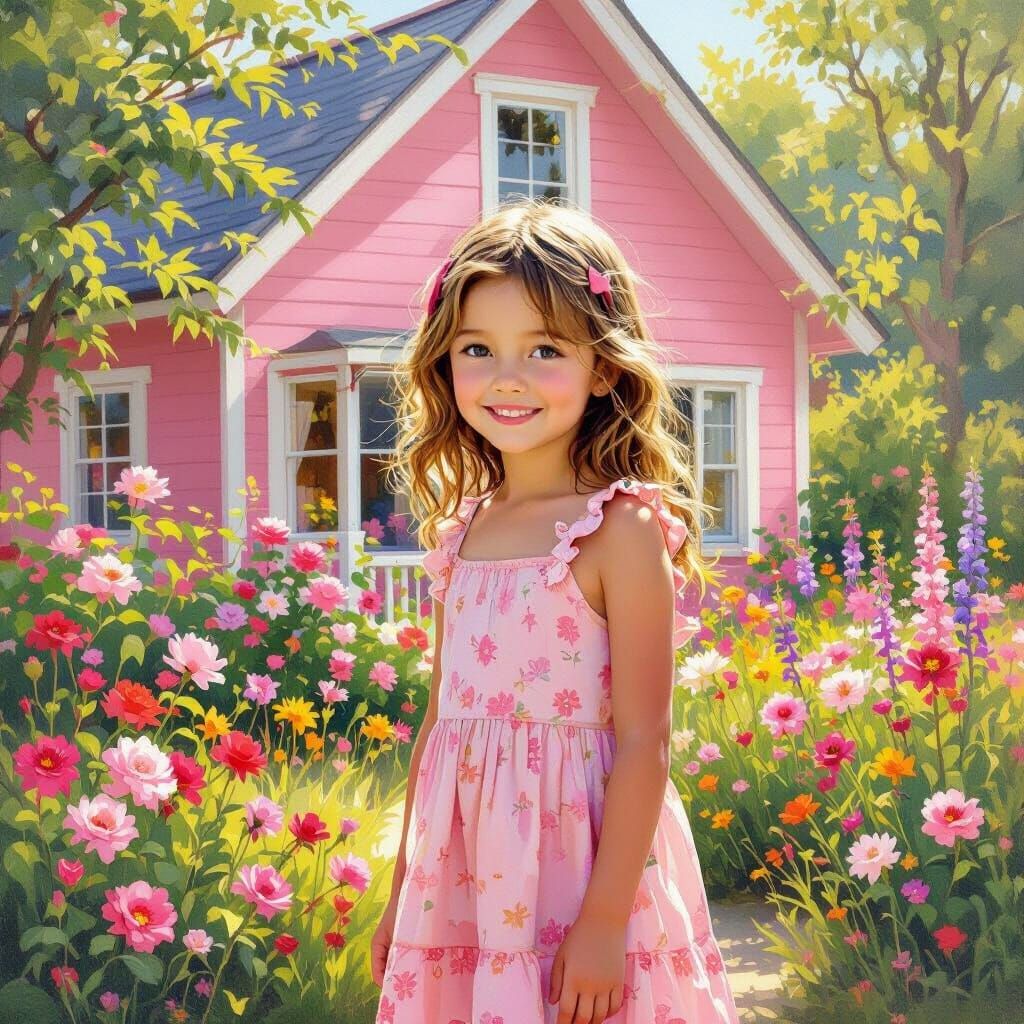 Girl in Pink House Surrounded by Flowers
