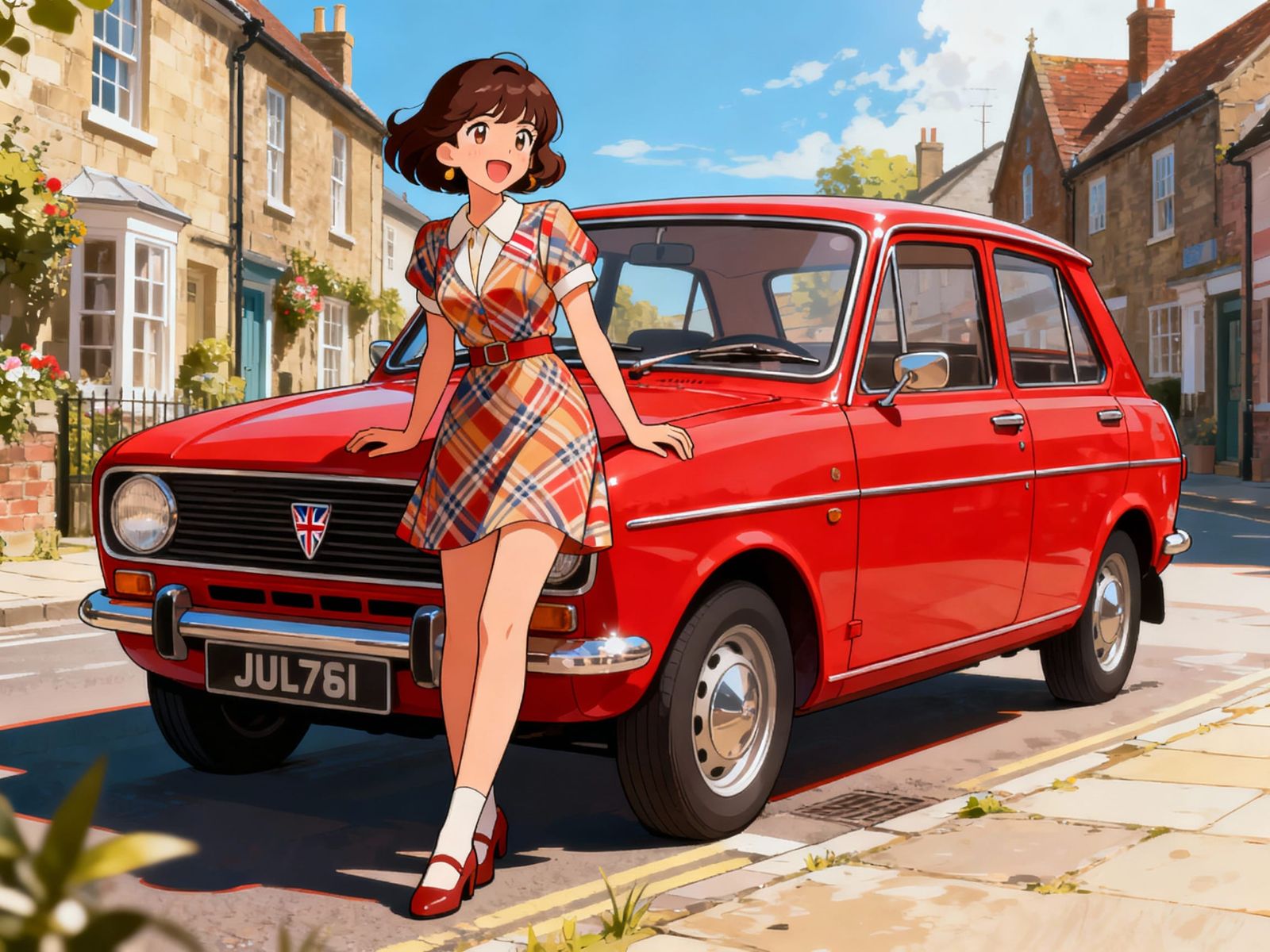 Woman in 1970s Mod Style Leans on Classic Red Reliant Robin