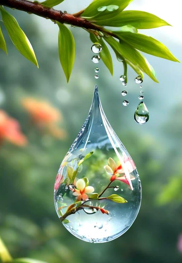 Enormous Dewdrop with Tropical Flowers, Macro Photography