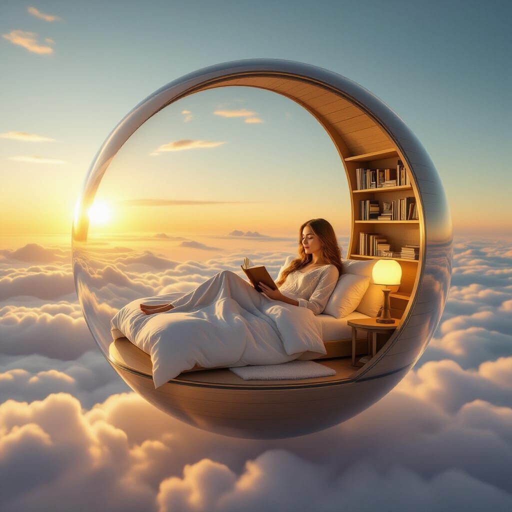 Bedroom in Glass Sphere Above Clouds: Surreal Dream