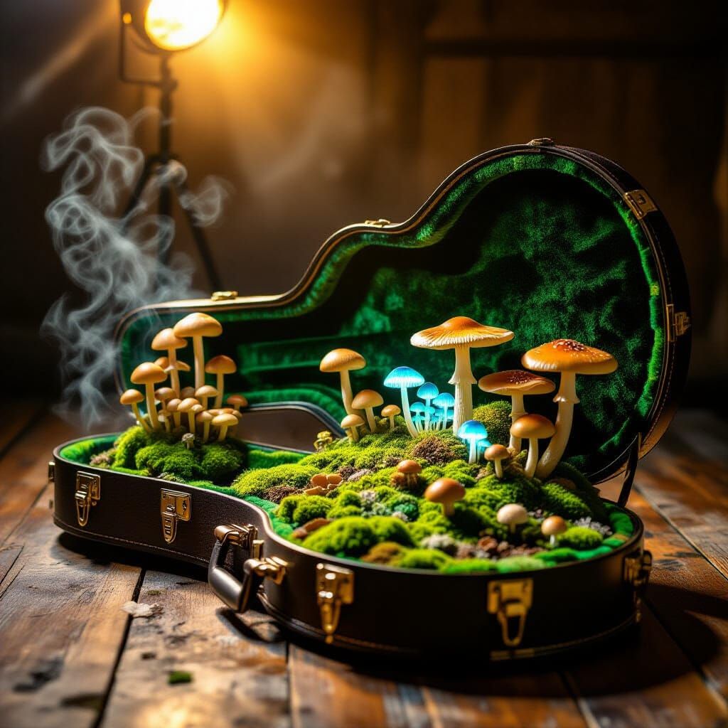 Mushroom Paradise in Guitar Case, Hyperrealistic Digital Art