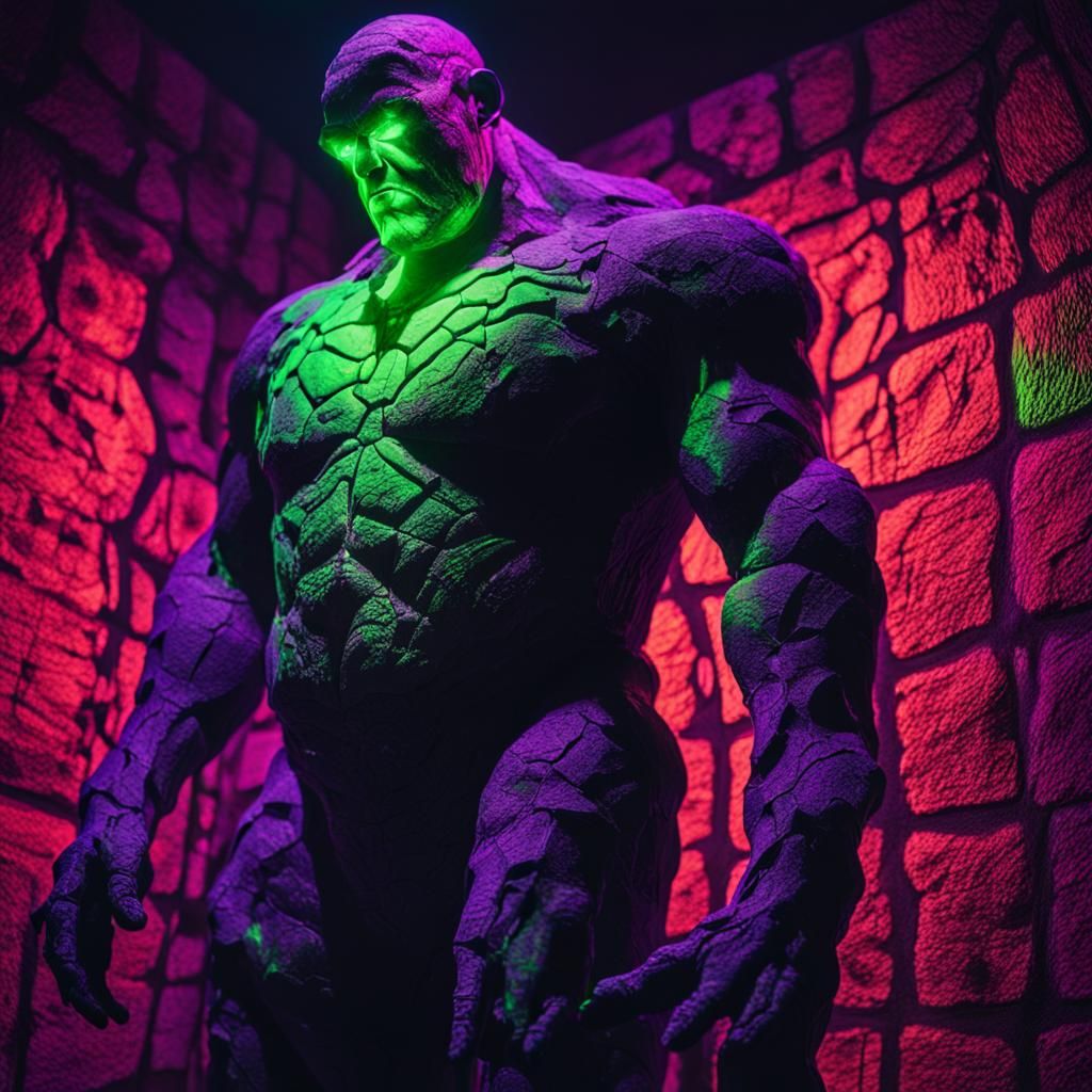 Surreal Golem with Glowing Neon Cracks