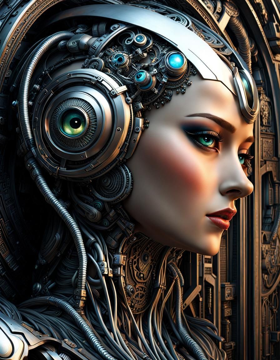 Cybernetic Woman Crashing Through Wall in Hyperrealism