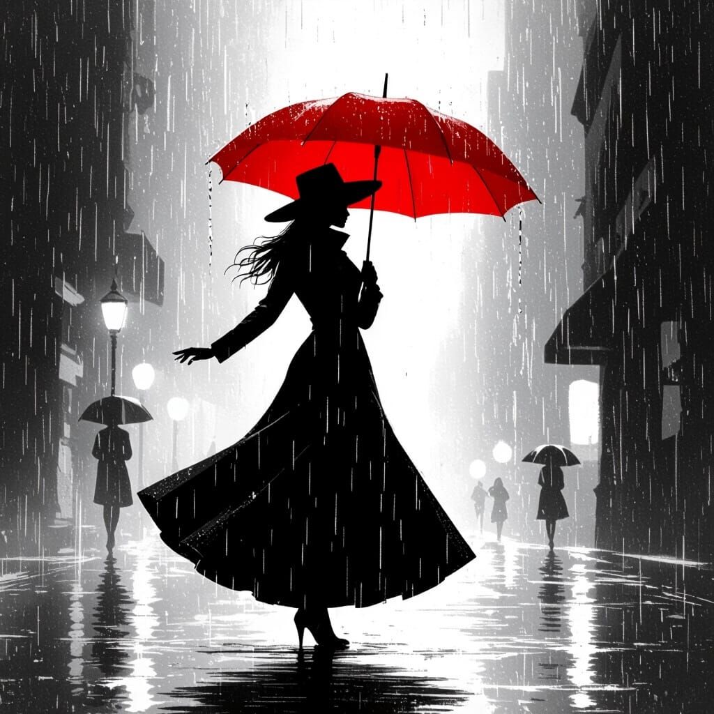 Woman Dancing in Rain with Red Umbrella