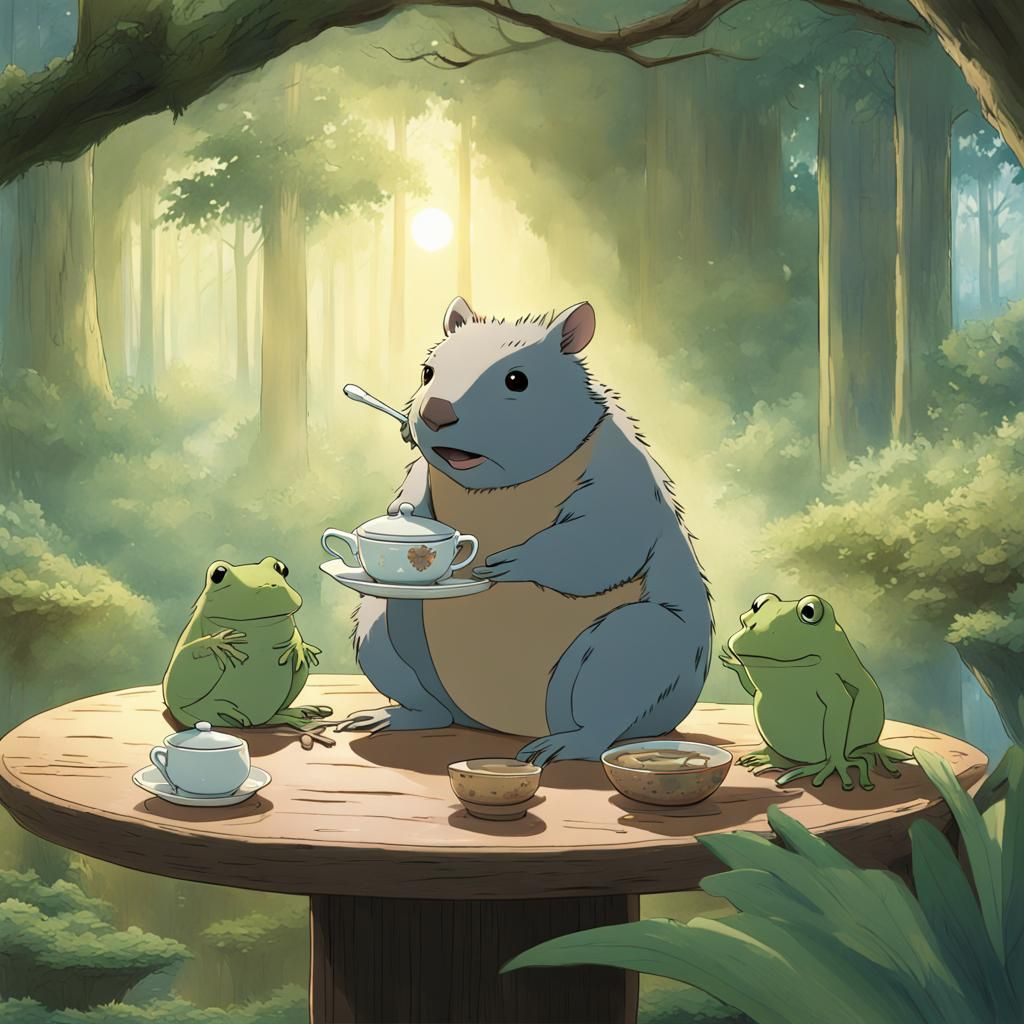 Wombat's Tea Party with Frogs: Ghibli-Inspired Anime