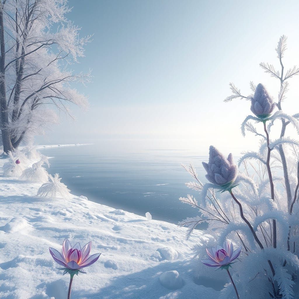Ethereal Winter Wonderland with Crystal Lake and Frozen Bloo...