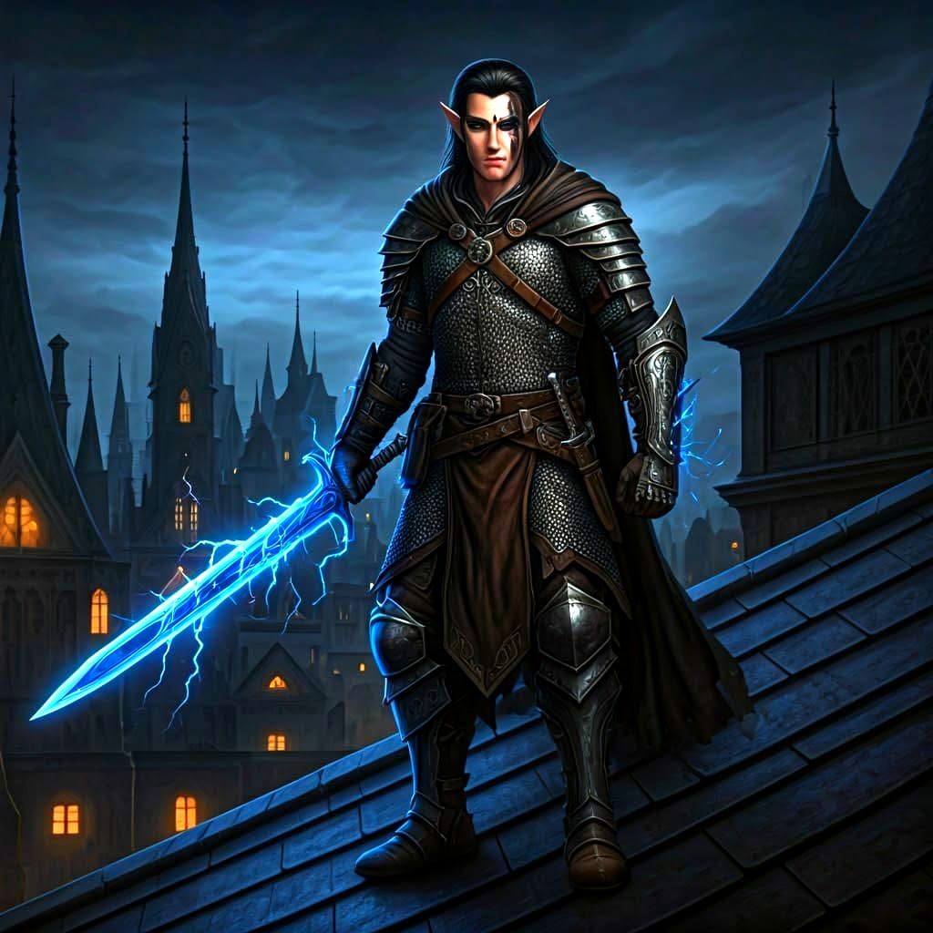 Half-Elf Rogue on Rooftop with Lightning Sword