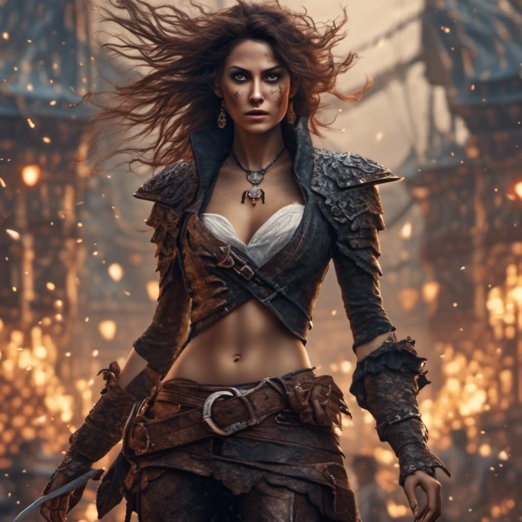 Pirate Woman in Stormy Port, Cinematic Matte Painting