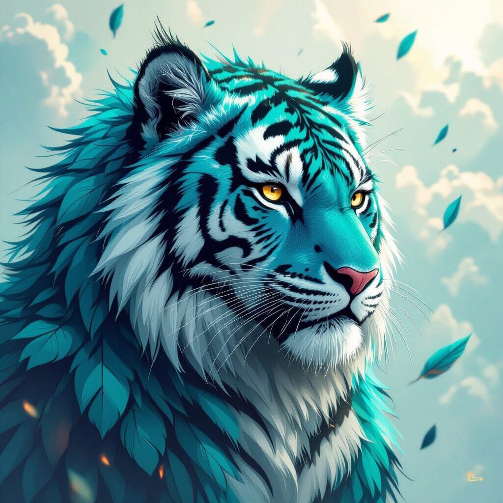 Tiger-Eagle Fusion with Turquoise Fur and Feathers