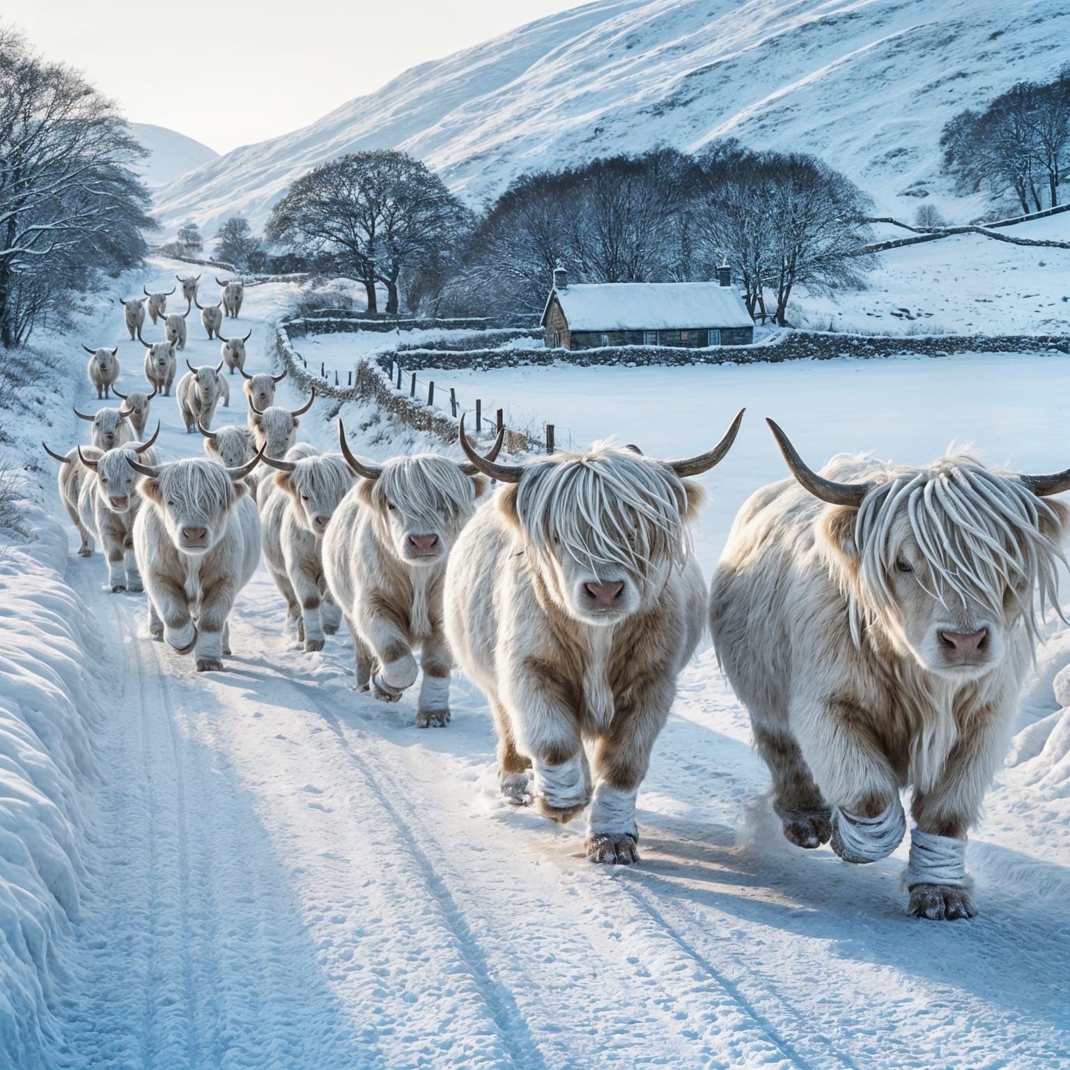 Albino Highland Cows on Snowy Path