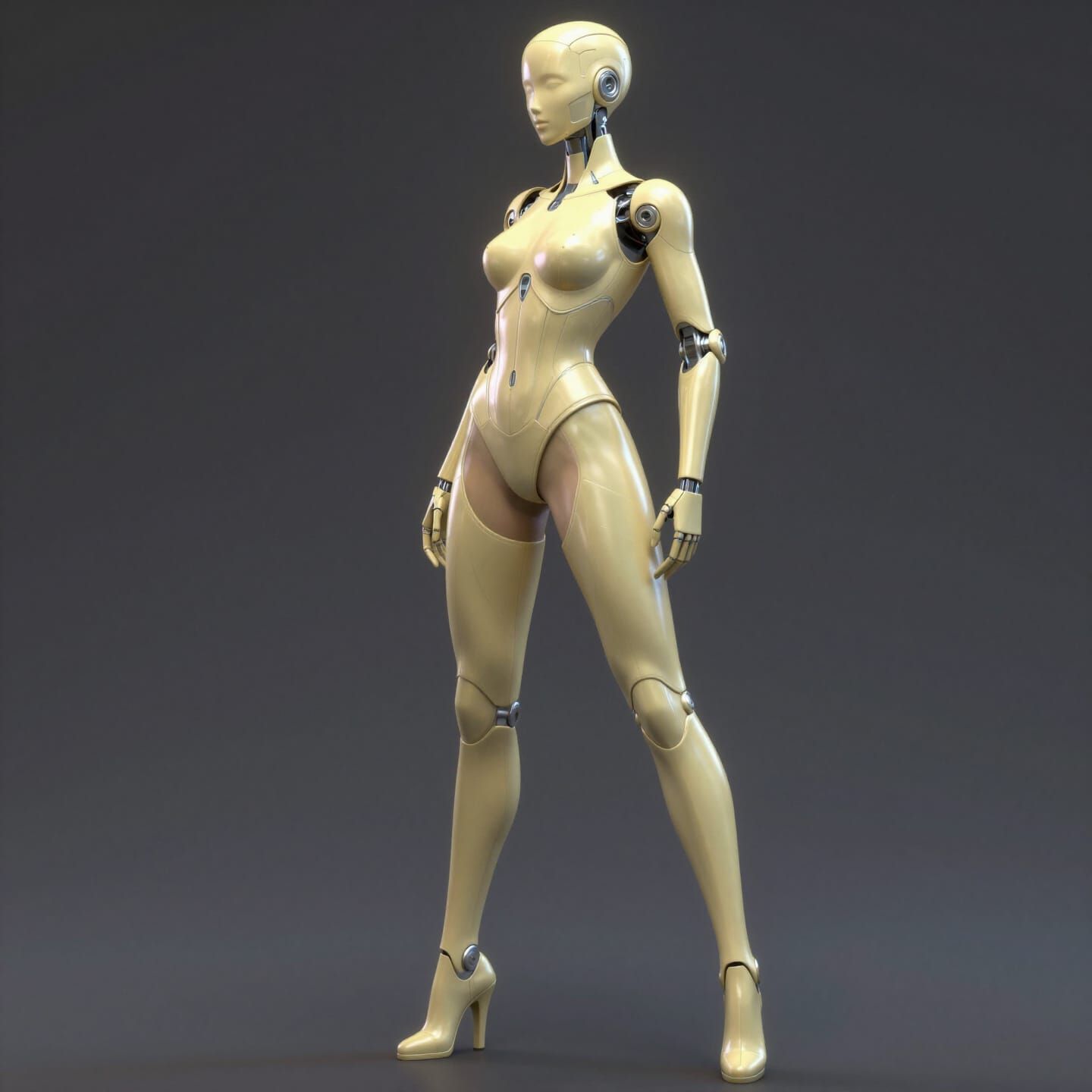 Female Robot in Pale Blonde Exoskeleton Cybernetic Armor