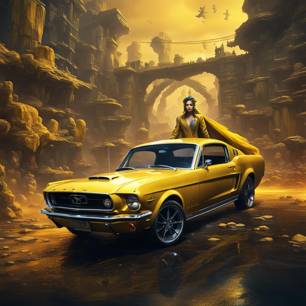Yellow Mustang Car in Detailed Matte Painting