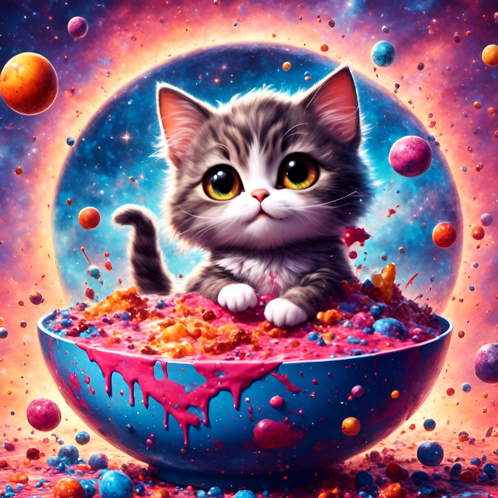 Cartoon Cat and Galaxy Food Bowl Digital Art