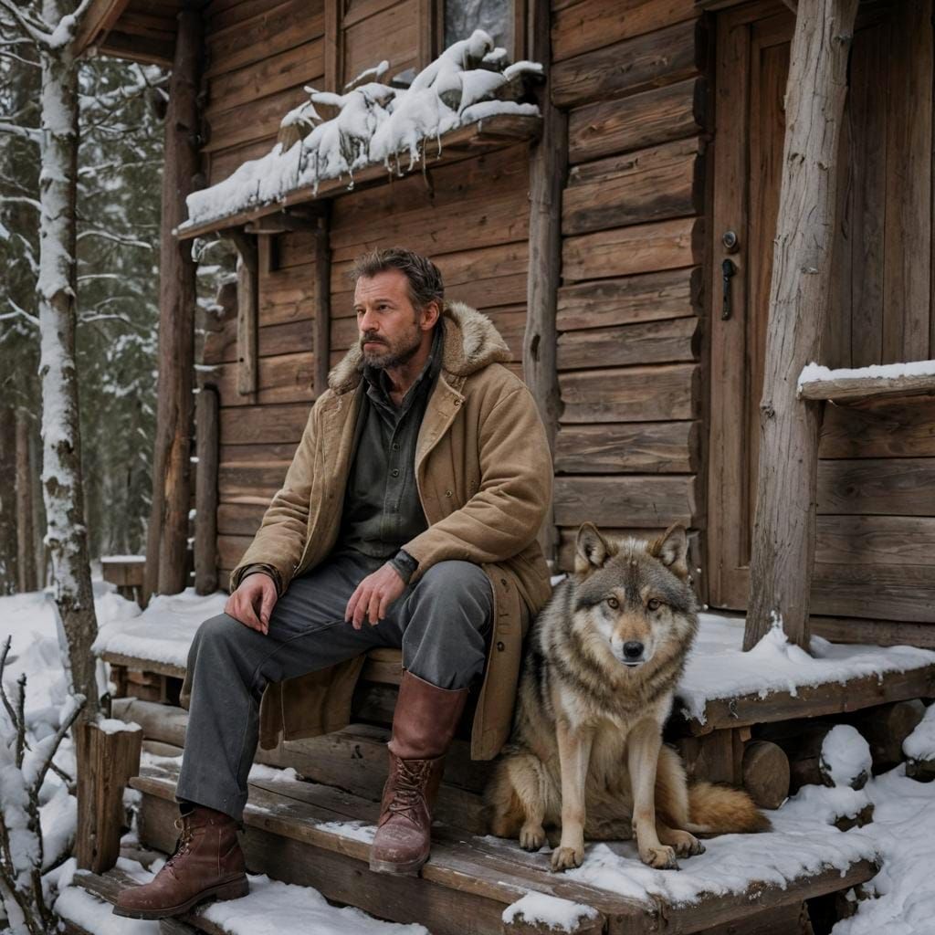 Man and Wolf in Winter Wilderness