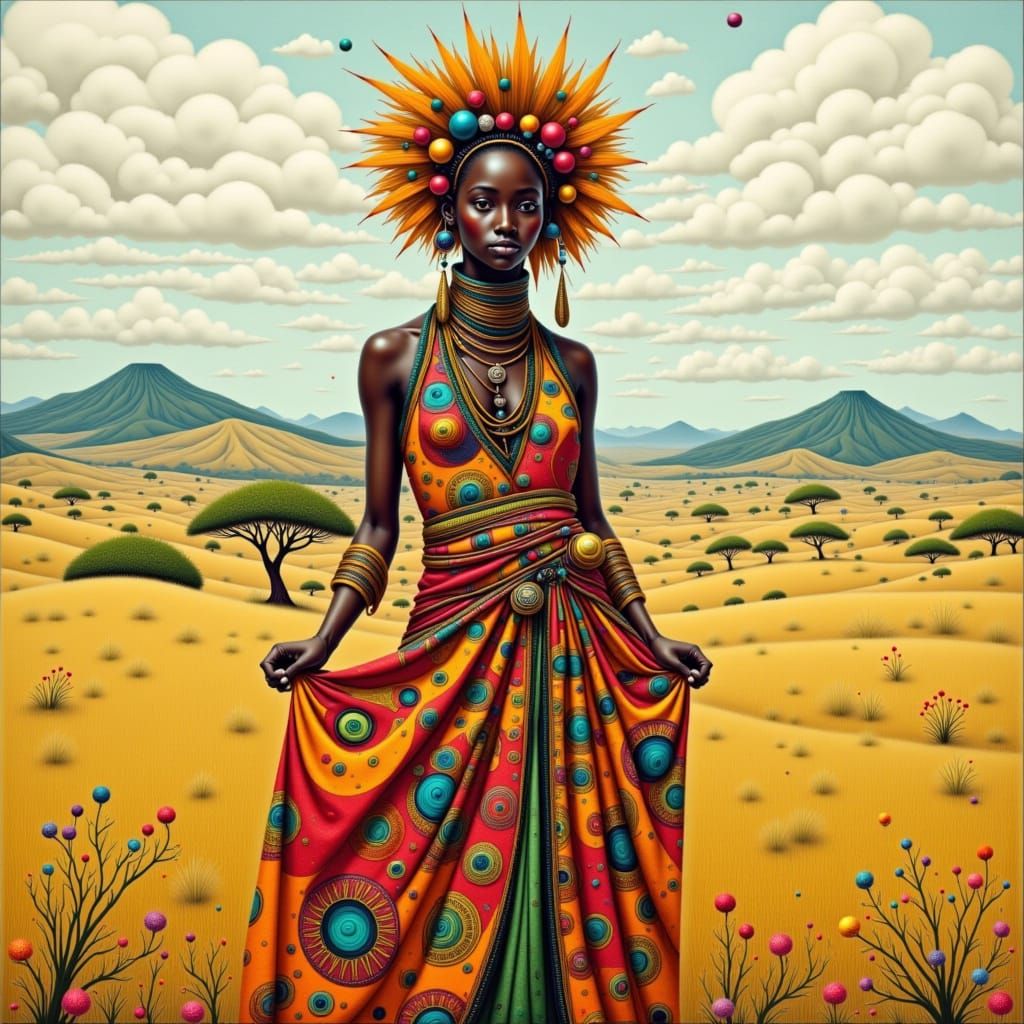 Vibrant African Woman in Savannah Landscape