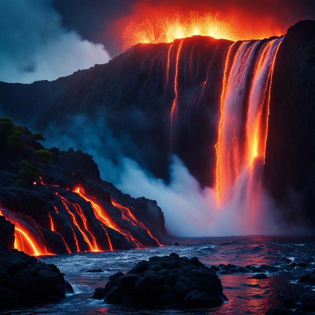 Volcano Lava Waterfalls in Dramatic Lighting
