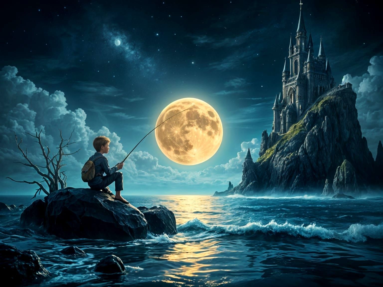 Surreal Moon Fisherman in Digital Art Style
