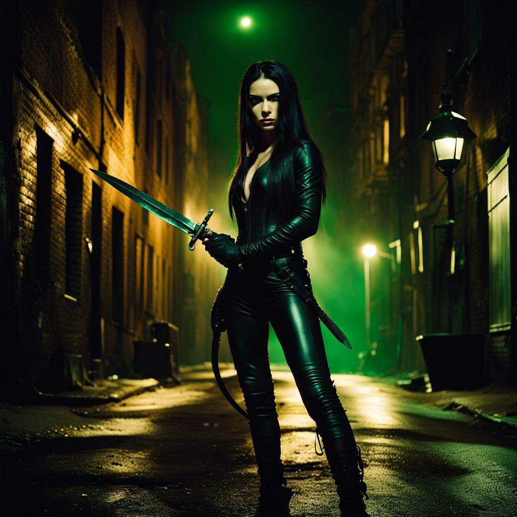 Petite Female Assassin in Low-Cut Black Leather Jumpsuit, Un...