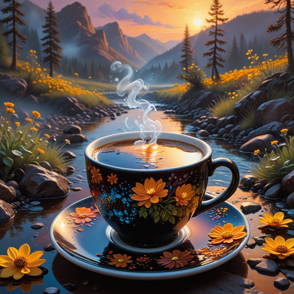 Dreamlike Coffee Cup Landscape in Impressionist Oil Painting