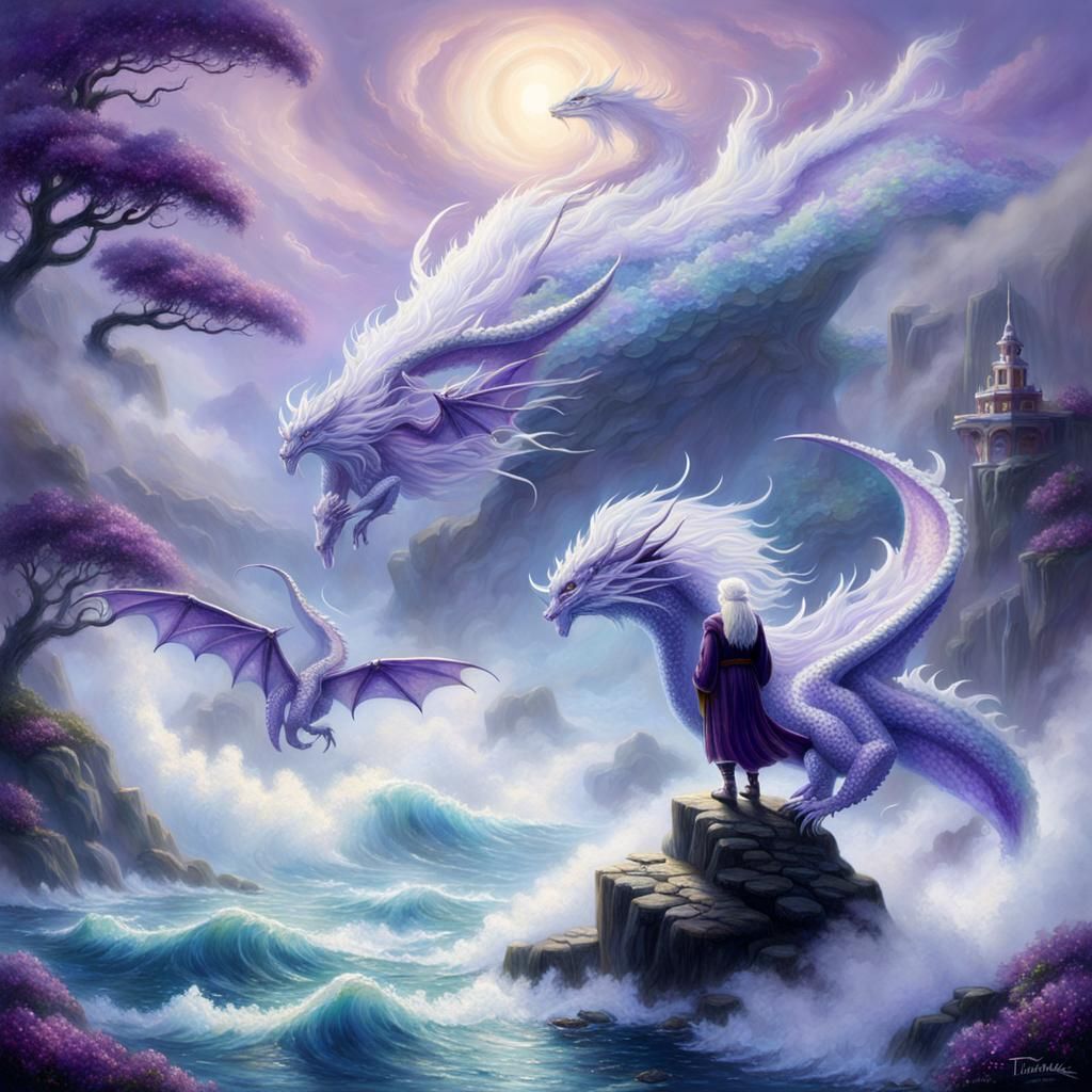 Grandmother Dragon Sharing Wisdom Over Amethyst Ocean