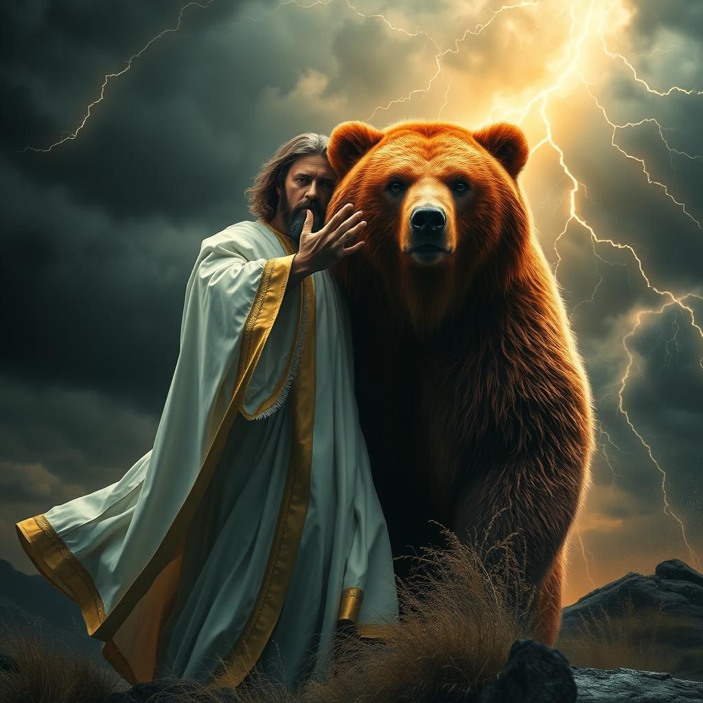 Jesus Shields Bear in Storm: Cinematic 3D Rendering