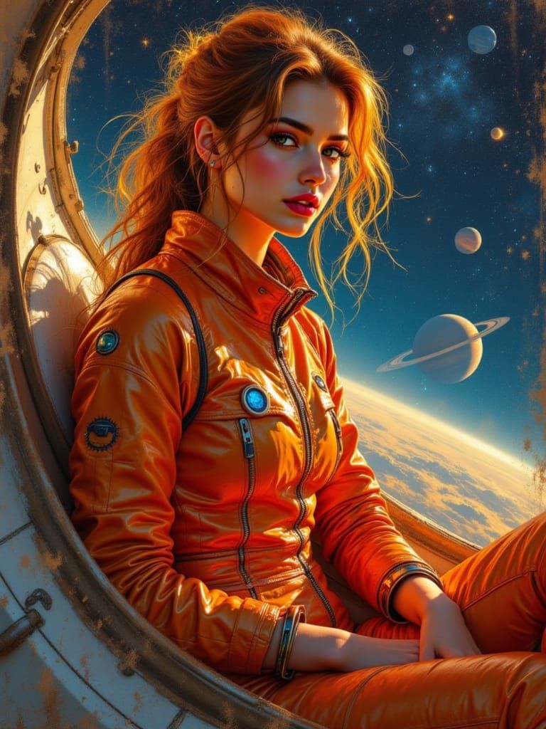 Luminous Spacewoman in Holographic Elegance