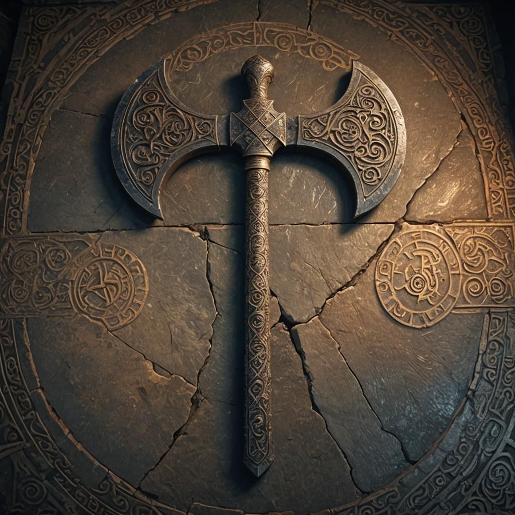 Ornate Ax on Ancient Stone Floor, Digital Art