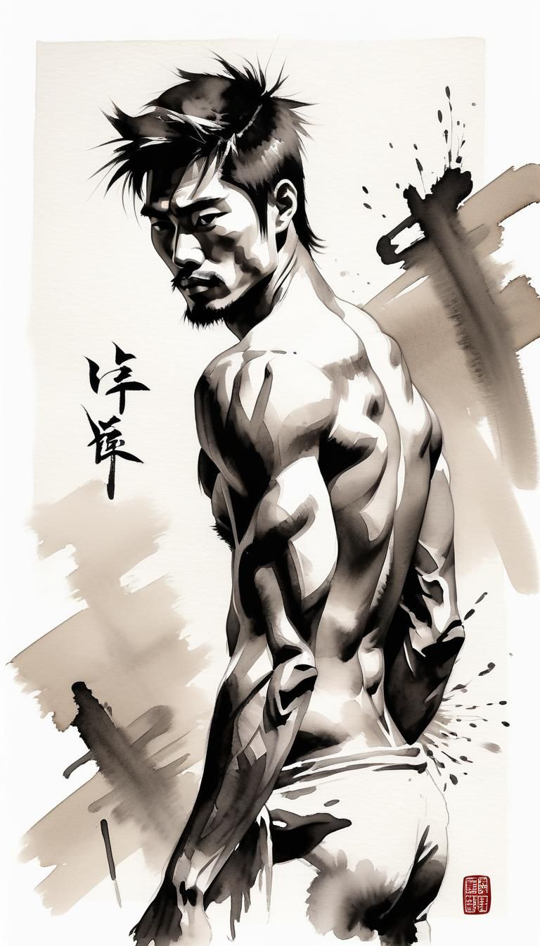 Attractive Man Painting in Sumi-e Style
