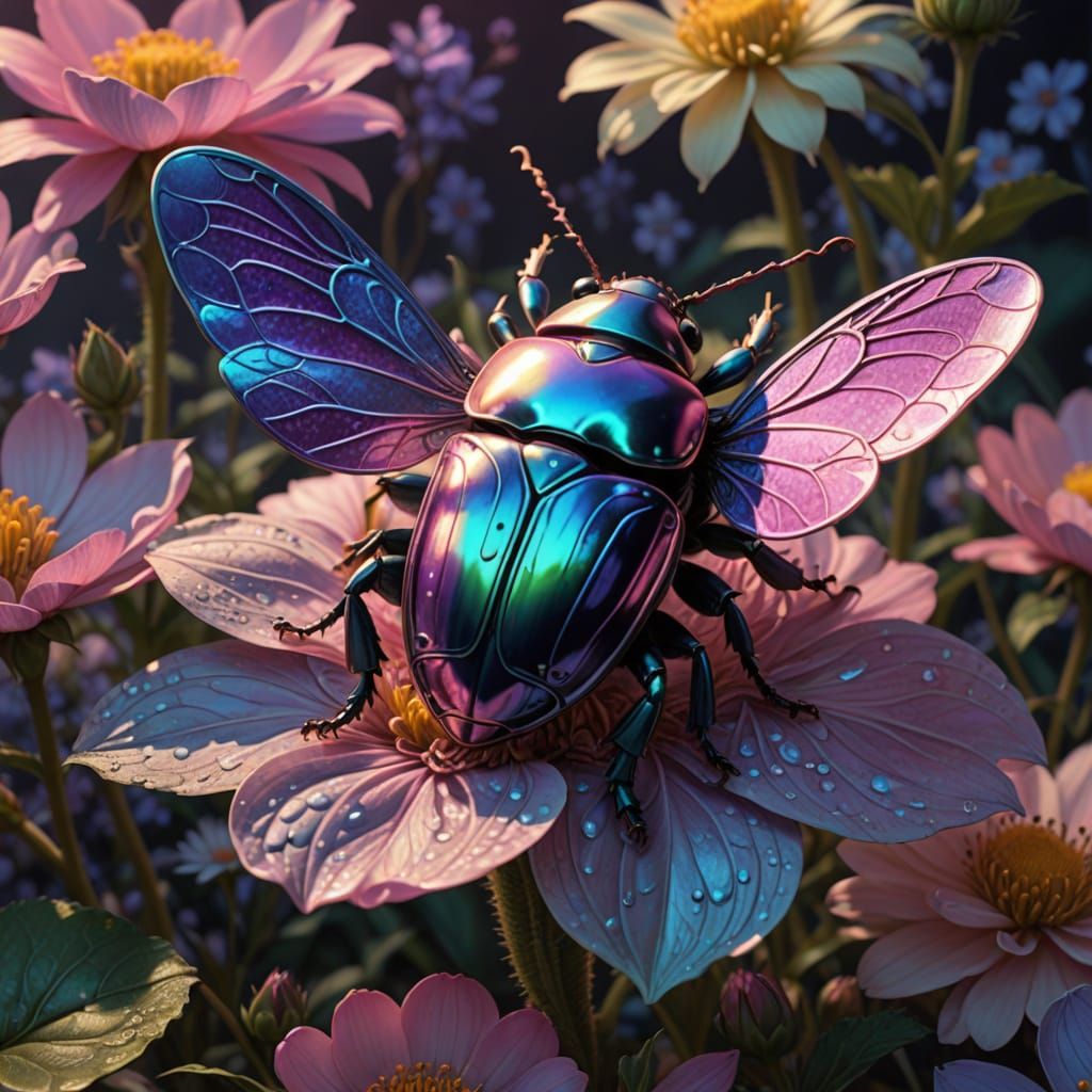 Ethereal Beetle Amidst Iridescent Blooms in a Dreamlike Land...